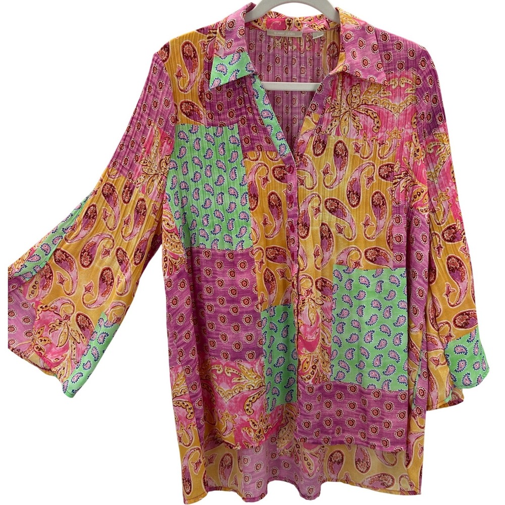 Sunny Leigh Boho Overzised Paisley Patchwork Pleated Crinkle‎ Button Blouse L